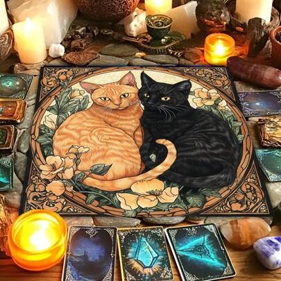 1 pièce Mystique Nappe d'autel aux chats de lune avec ciel étoilé floral. Nappe de table de divination tarot, décoration de maison de sorcière, tapis de jeu de cartes tarot