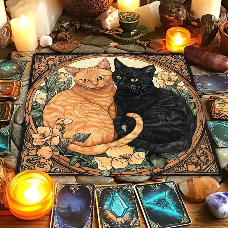 1pc Mystical Moon Cats Altar Cloth With Floral Starry Sky Divination Tarot Table Cloth Witch Home Decor Tarot Mat Game Card Pad - Black - View 1