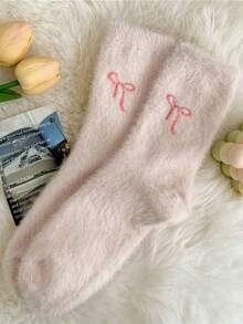 5双毛绒绒中筒袜，保护脚踝，保暖柔软舒适，可爱蝴蝶结设计，适合居家、睡眠、秋冬季节、圣诞节、情人节礼物（5双/1双可选） - 彩色 - 查看 15