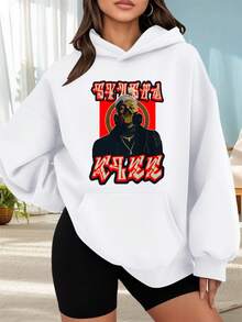 Fashionable Outdoor Hooded Sweater For Women. Black Hoodie With A Men's Image Print And Red Text. Urban Style For Casual And Sporty Wear. Perfect For Dates, Outings, And Holiday Gifts. - 白色 - 查看 6