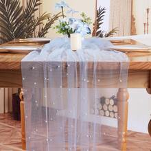 1 Piece Of Tulle Wedding Tablecloth With Pearls, Perfect For A Romantic And Pristine Outdoor Wedding Scene, Table Tabletop Or Archway Sheer Fabric Table Runner, Bridal Veil Or Skirt Decoration Fabric, Spring Bohemian-Style Pure Decoration Fabric - Multicolor - View 9