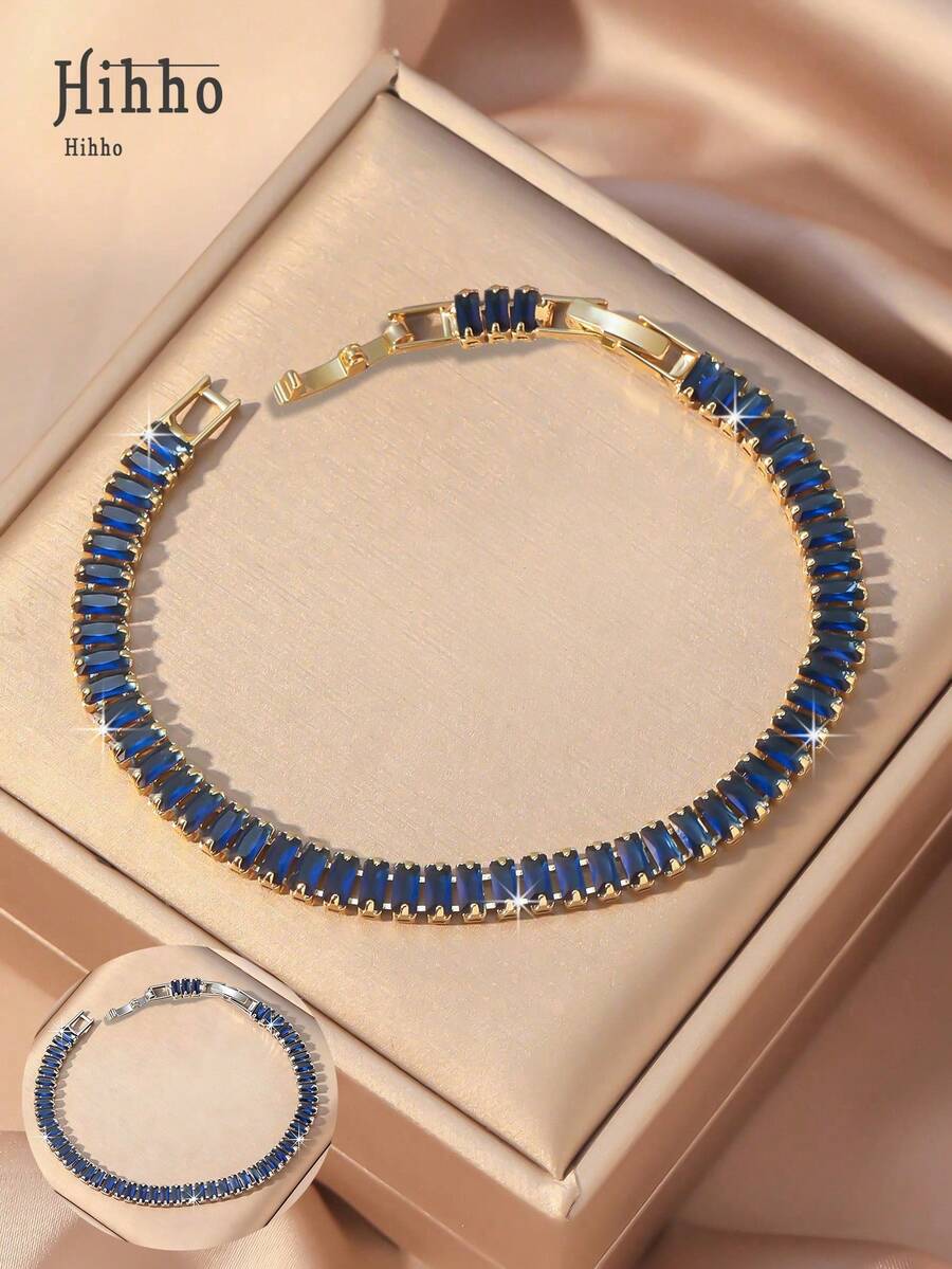 Hihho 1 件简约时尚闪亮蓝宝石蓝色方形锆石镶嵌女士手链，约会礼物