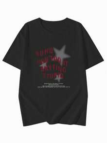 女士休闲宽松圆领星星字母印花短袖T恤，春夏款 - 黑色 - 查看 5