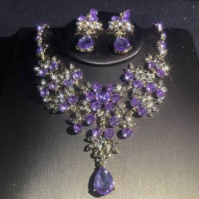 1 Set Bridal Party Banquet Accessories, Fashionable Luxury Sparkling Crystal Jewelry Set - Necklace, Earrings, 3pcs