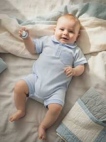 Infant Baby Boy Romper Lapel Collar Short Sleeve Plaid Print Upper Button Jumpsuit - 藍色 - 查看 2