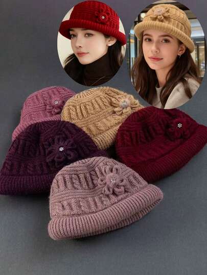 Winter Floral Cuffed Thermal Lined Warm Knit Beanie Hat For Women, Thick Ribbed Brim Bucket Hat For Middle-Aged And Elderly Cold Weather Outfit Women