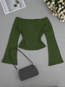 Áo thun hở vai tay loe in chữ thập Y2K thời trang thường ngày dành cho nữ - màu xanh lá - Xem 2