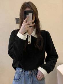 Polo Collar Long Sleeve T-Shirt For Women, Versatile Color Block Casual Top