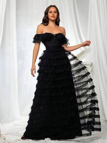 VIPGIRL Robe de soirée noire à épaules dénudées en maille pour femmes - Noir - Voir 2