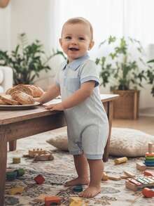 Infant Baby Boy Romper Lapel Collar Short Sleeve Plaid Print Upper Button Jumpsuit - 藍色 - 查看 4