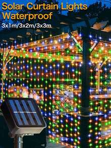 1pc 100/200/300 LED 3*1m/3*2m/3*3m Solar Powered Curtain Lights, Outdoor Lights, Fairy Lights, 8 Lighting Modes Suitable For Wedding, Proposal, Party, Outdoor, Garden, Patio, Wall Decor, Holiday, Christmas Party, Fence [Solar Powered] - Curtain Lights - View 3