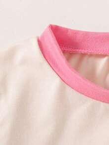 Toddler Girls' Contrast Cuff Short Sleeve Top And Bow Denim Pants - Apricot - View 4