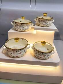 3pcs Thickened Enamel Coated Cookware Set, Includes Dual-Handled Pot With Lid, Stew Pot, Soup Pot, Noodle Pot, Mini Hot Pot, Suitable For Cooking Porridge, Milk, Stewing, Gas Stove And Induction Cooktop