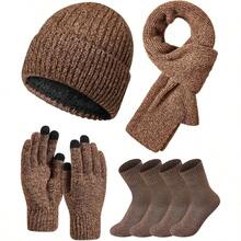Winter Beanie Hat Gloves Scarf Set For Men Warm Fleece Knitted Hat Scarf Touchscreen Gloves And Wool SocksMen Gloves Set - Khaki - View 1