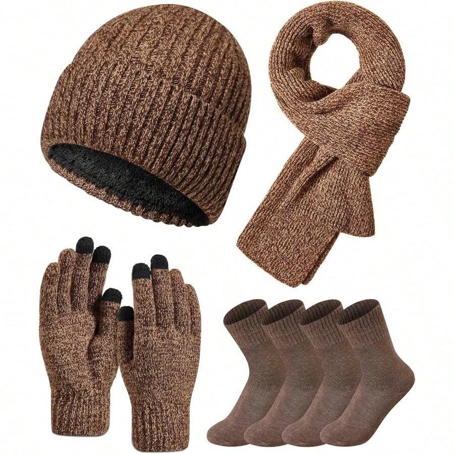 Winter Beanie Hat Gloves Scarf Set For Men Warm Fleece Knitted Hat Scarf Touchscreen Gloves And Wool SocksMen Gloves Set - Khaki - View 1