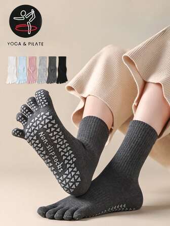 1 Pair Women's Professional Yoga Five Toe Socks, Indoor Pilates Non-Slip Grip Toe Socks, Midcalf Sports Socks For All Seasons