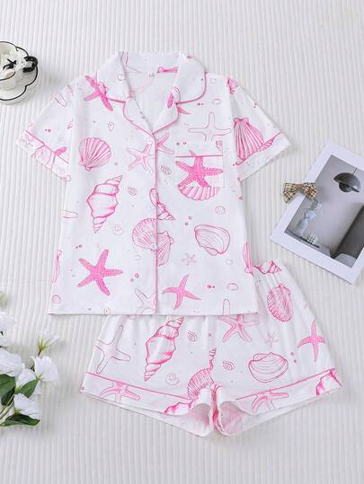 Bộ đồ ngủ 2 món dành cho nữ, họa tiết vỏ sò, vải mềm, áo sơ mi tay ngắn, cổ cài nút và quần short co giãn, đồ ngủ thời trang cho tiệc tùng ngày lễ, đồ mặc nhà thường ngày ngoài trời và trong nhà