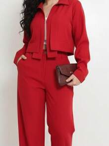Aylla Set – Cropped Jacket And Wide-Leg Pants. Simple, Casual, Elegant, Cute, Button, Zipper, Pocket. - 紅色 - 查看 2