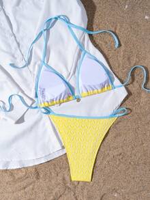 Bộ bikini Suntide kẻ sọc, họa tiết sọc vàng trắng, viền xanh nhạt, buộc dây bên hông, áo ngực tam giác kiểu yếm, đồ bơi 2 mảnh dành cho nữ, thích hợp cho kỳ nghỉ biển. - Màu vàng - Xem 4