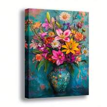 2D Plano, 1 Pieza de Arte de Pared en Lienzo Floral - Pintura de Jarrón Moderna Retro Rosa, Amarillo, Púrpura, Naranja, Blanco, Verde, Azul Teal - Con Gancho Listo para Colgar - Adecuado para Decoración de Sala de Estar, Dormitorio, Oficina, Cocina - Decoración Elegante para el Hogar, 2D Plano - Multicolor - Ver 1