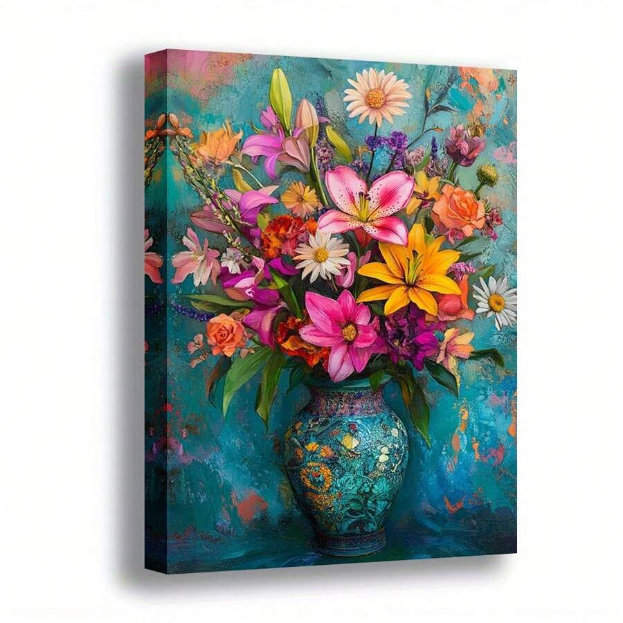 2D Plano, 1 Pieza de Arte de Pared en Lienzo Floral - Pintura de Jarrón Moderna Retro Rosa, Amarillo, Púrpura, Naranja, Blanco, Verde, Azul Teal - Con Gancho Listo para Colgar - Adecuado para Decoración de Sala de Estar, Dormitorio, Oficina, Cocina - Decoración Elegante para el Hogar, 2D Plano - Multicolor - Ver 1