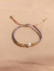 1pc 18K Gold Plated Natural Pearl Adjustable Braided Star Casual Bracelet, Mother's Day, Valentine's Day, Birthday Gift - Purple - View 5