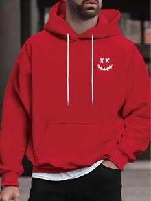 Men's Leisure Hoodie, Face Print, % Polyester, Slightly Stretchy, Loose Fit, Long Sleeve Hoodie With Pocket Detail, Fashionable Autumn-Winter Top - 黑色 - 查看 2