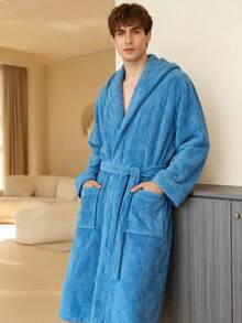 1pc Men Hooded Fleece Plush Bathrobe, Ultra-Soft, Fluffy, Non-Shedding, With Handy Pockets, Perfect As A House Coat Summer Wedding Home Bathroom Decor Back To School - Multicolor - View 4