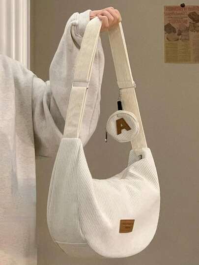 学院风女士灯芯绒斜挎包 - 休闲运动饺子包，配有可调节肩带，新款秋冬学生灯芯绒包，通勤饺子包，休闲百搭斜挎包，轻便，拉链封口，涤纶衬里，纯色，做旧边缘细节 - 时尚女款 - 适合日常使用、旅行、购物 - 送给少女和年轻女性的完美礼物