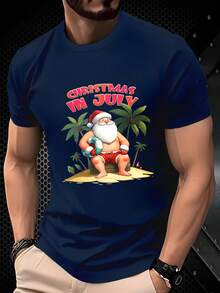 Men's Crew Neck T-Shirt, Printed, Christmas In July, Santa Claus Design With Palm Trees And Beach Ball, Versatile Casual Top For All Seasons, Suitable For Leisure And Sportswear, Fashionable Gift - 藏蓝色 - 查看 6