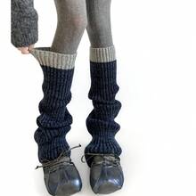 1 Pair Color-Block Knitted Sock Covers Autumn Winter Thick Mixed Color Versatile Calf Boot Covers Shark Pants Y2K Pile Wool Leg Covers - Black and Gray - View 3