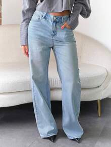 Women's Straight-Leg Slim-Fit Wide-Leg Jeans - Mid-Waist Street-Style Denim Trousers, Suitable For Both Casual And Fashion Outfits - 淺藍色2 - 查看 4