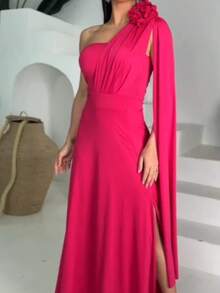 Women's Long Party Dress, One Shoulder, Draped With Slit – Elegant Fluit Fabric For Bridesmaids, Weddings, And Graduations – One Size Fits All. Elegant Asymmetrical Party Dress For Weddings. - 玫紅色 - 查看 3