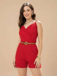Women's Short Romper Jumpsuit With Adjustable Straps V-Neckline - Đỏ - 3334503 - Xem 2