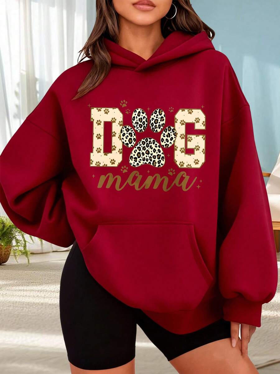 Fashionable Outdoor Hooded Sweater For Women. Black Hoodie With Dog Paw Print And "Dog Mama" Text For Dog Lovers. Casual Style. Perfect For Dates, Outings, And Holiday Gifts. - 酒紅色 - 查看 1