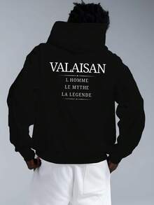 Sudadera con capucha impresa con texto francés para hombres de talla - Sudadera casual holgada de talla con 'VALAISAN' impreso en la parte trasera, tela no elástica, talla - Negro - Ver 1