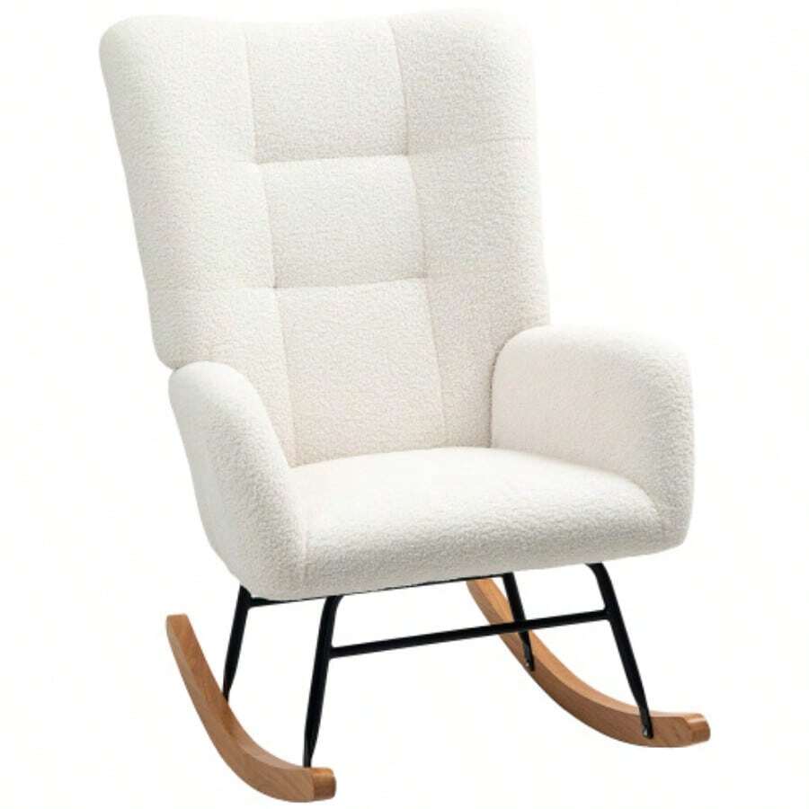 HOMCOM Rocking Chair, Plush Velvet Look, Reclining With Wooden Glides, Rocking Chair, Nursing Chair For Bedroom Or Living Room, Cream White