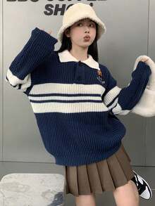 Casual Polo Collar Colorblock Striped Drop Shoulder Sweater, Autumn/Winter - Navy Blue - View 5