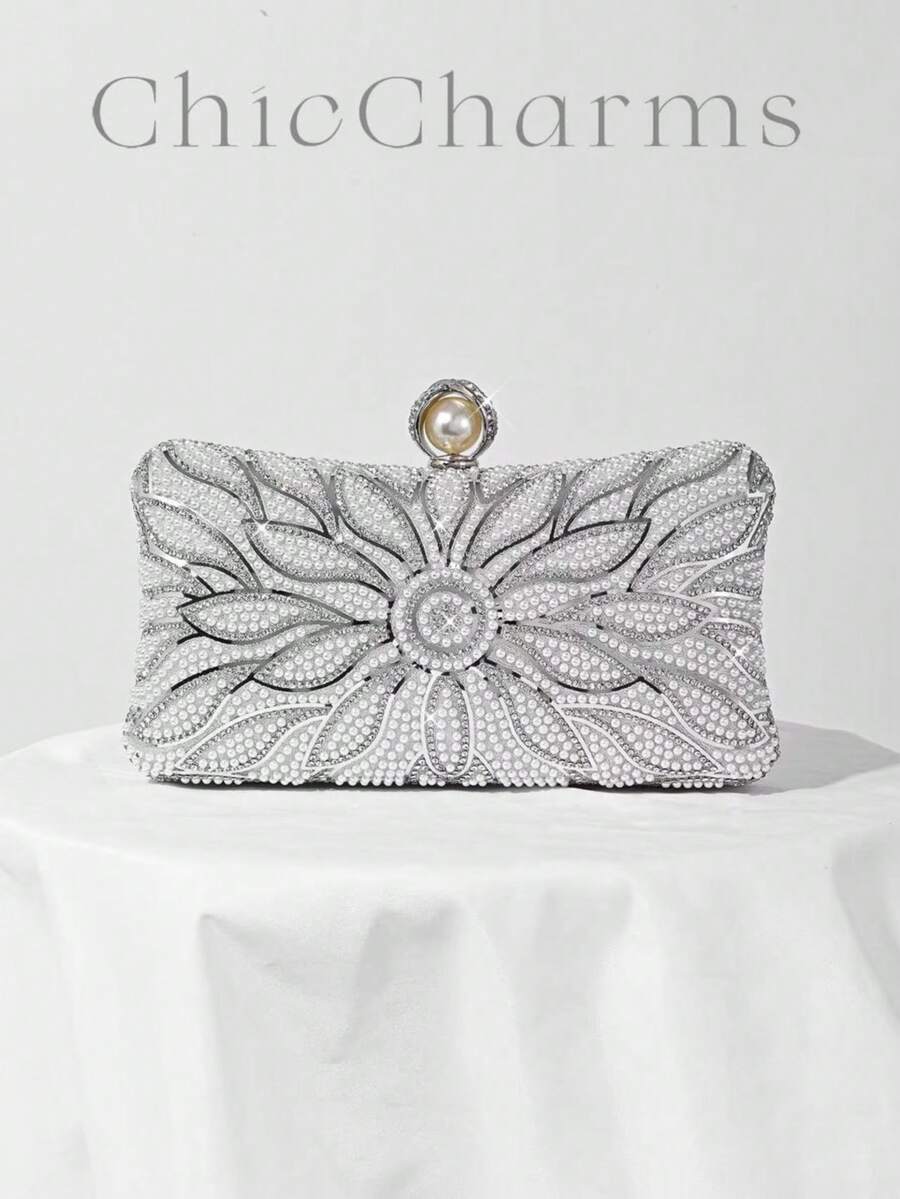 女士珍珠装饰手拿包，多功能手提包，适合晚宴、正式场合、婚礼等场合。 - 銀色 - 查看 1
