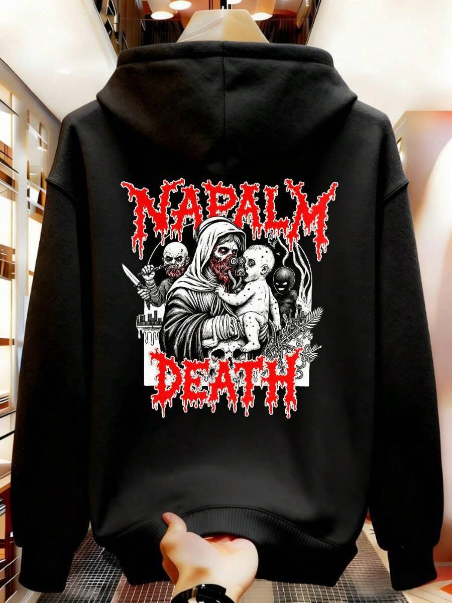 American High Street Fashion Oversized Hooded Jacket, English Print, Hop, Autumn Winter, Casual Student Hoodie FYPI - 黑色 - 查看 1