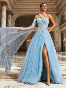 VIPGIRL 优雅蓝色单肩薄纱亮片连衣裙，高开衩披肩设计，女士正式晚礼服，迷人鸡尾酒会礼服 - 淺藍色 - 查看 4