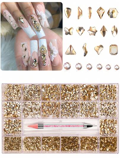 21pcs/Set Diamond Nail Art Decorations, Suitable For Nail Decoration, Including Flat Diamond Nail, Luxury Nail, Irregular Diamond Nail, DIY