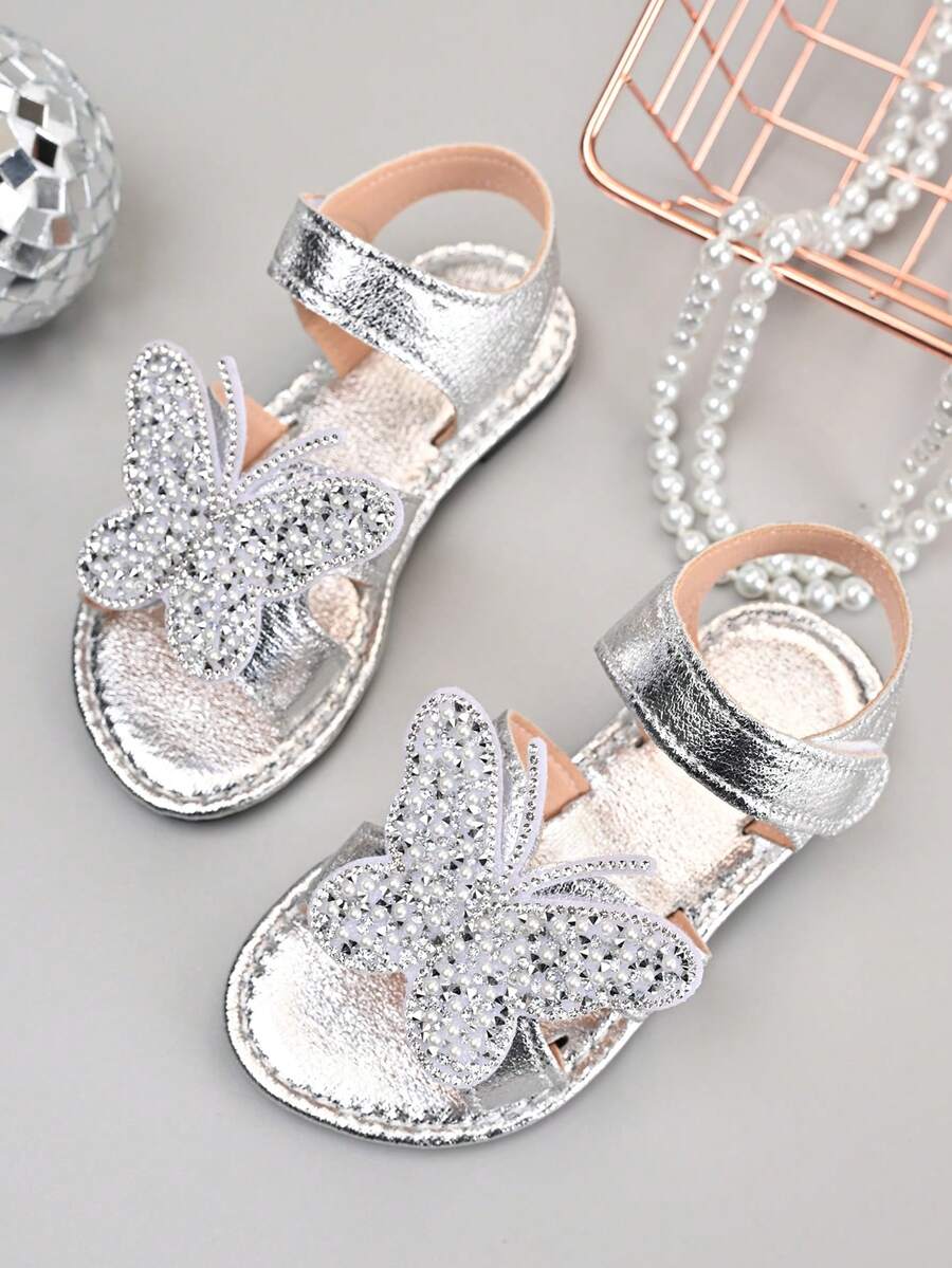 2026 New Kids Sandals, Silver Glitter Upper, Pearl Bowknot, Princess Vibe, Versatile For Daily Wear - Silver - View 1