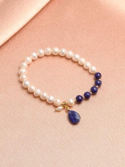 1条18K镀金天然珍珠紫水晶弹力手链，母亲节、情人节、生日、婚礼、订婚、新娘礼物