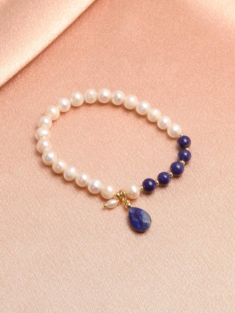 1条18K镀金天然珍珠紫水晶弹力手链，母亲节、情人节、生日、婚礼、订婚、新娘礼物 - 青金1 - 查看 1