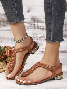 New Fashionable High-Heeled Sandals In 2026- Comfortable And Thickened Sole, Artificial Leather Fabric Coat And Plastic Sole, All Season Leisure Fried Dough Twists Braid Sandals, Black Comfortable Shoes - Brown - View 4