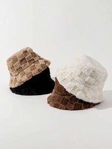 1pc Men's Checkboard Color Block Fuzzy Bucket Hat, Suitable Autumn And Winter Daily Wear Warmth Cute - Màu nâu  Mocha - Xem 2