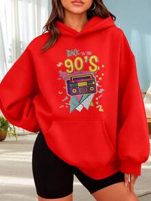 Fashionable Outdoor Hooded Sweater For Women. Black Hoodie With Retro Radio Print And "Back To The 90s" Text. Ideal For Everyday Wear, Parties, And The Fall/Winter Season. Perfect For Dates, Outings, And Holiday Gifts. The Best Choice For A Date Night. - 紅色 - 查看 6