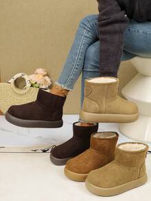 女士时尚厚底套脚雪地靴，冬季百搭舒适踝靴 - 咖啡色 - 查看 4