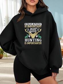 Fashionable Outdoor Hooded Sweater For Women. Black Hoodie With Deer Print And The Text "Education Is Important But Hunting Is More Important." Perfect For Outdoor Activities, Dates, Or Holiday Gifts. - 黑色 - 查看 6
